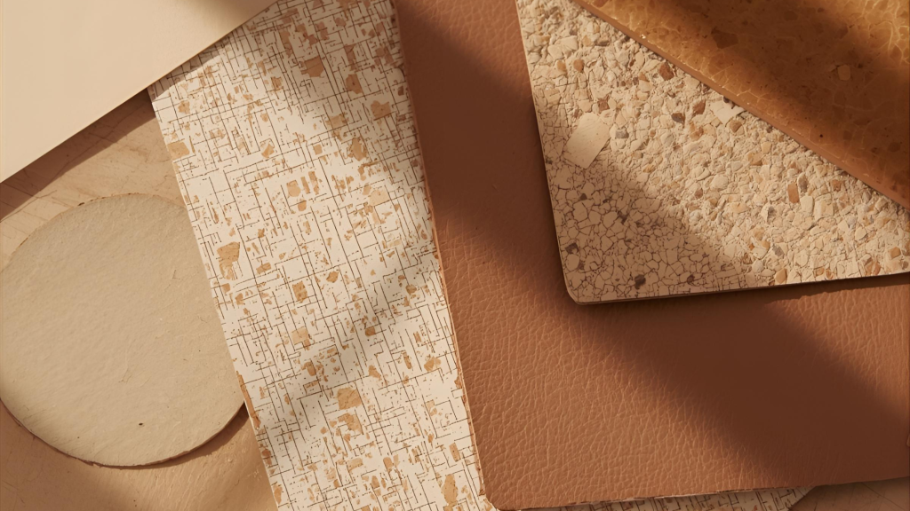 Materiales naturales como corcho, cuero regenerado y celulosa utilizados por Tecniplant, fabricante de plantillas en Alicante comprometido con la sostenibilidad.